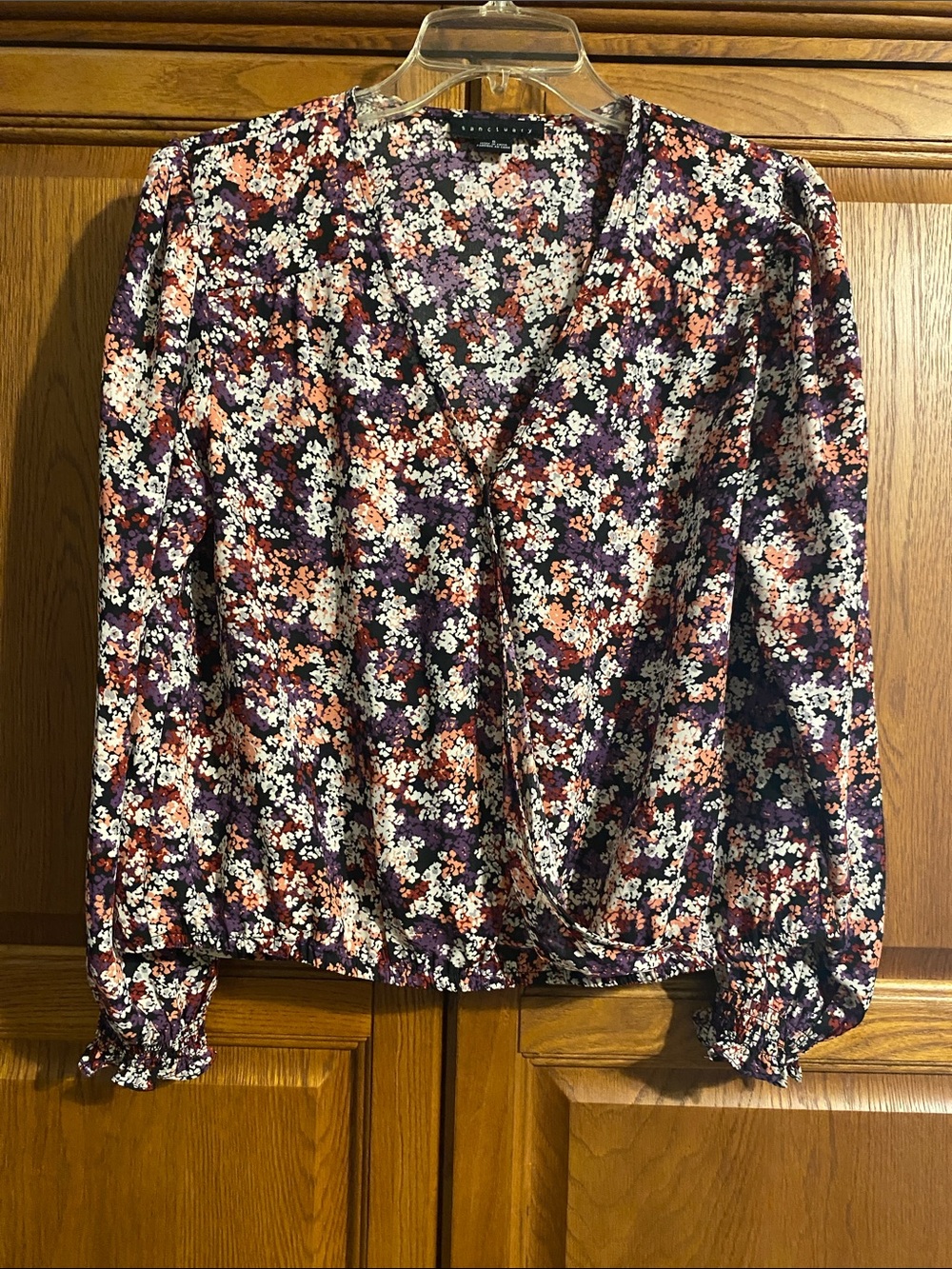 Sanctuary Floral Wrap-Front Blouse in Purple, White & Coral